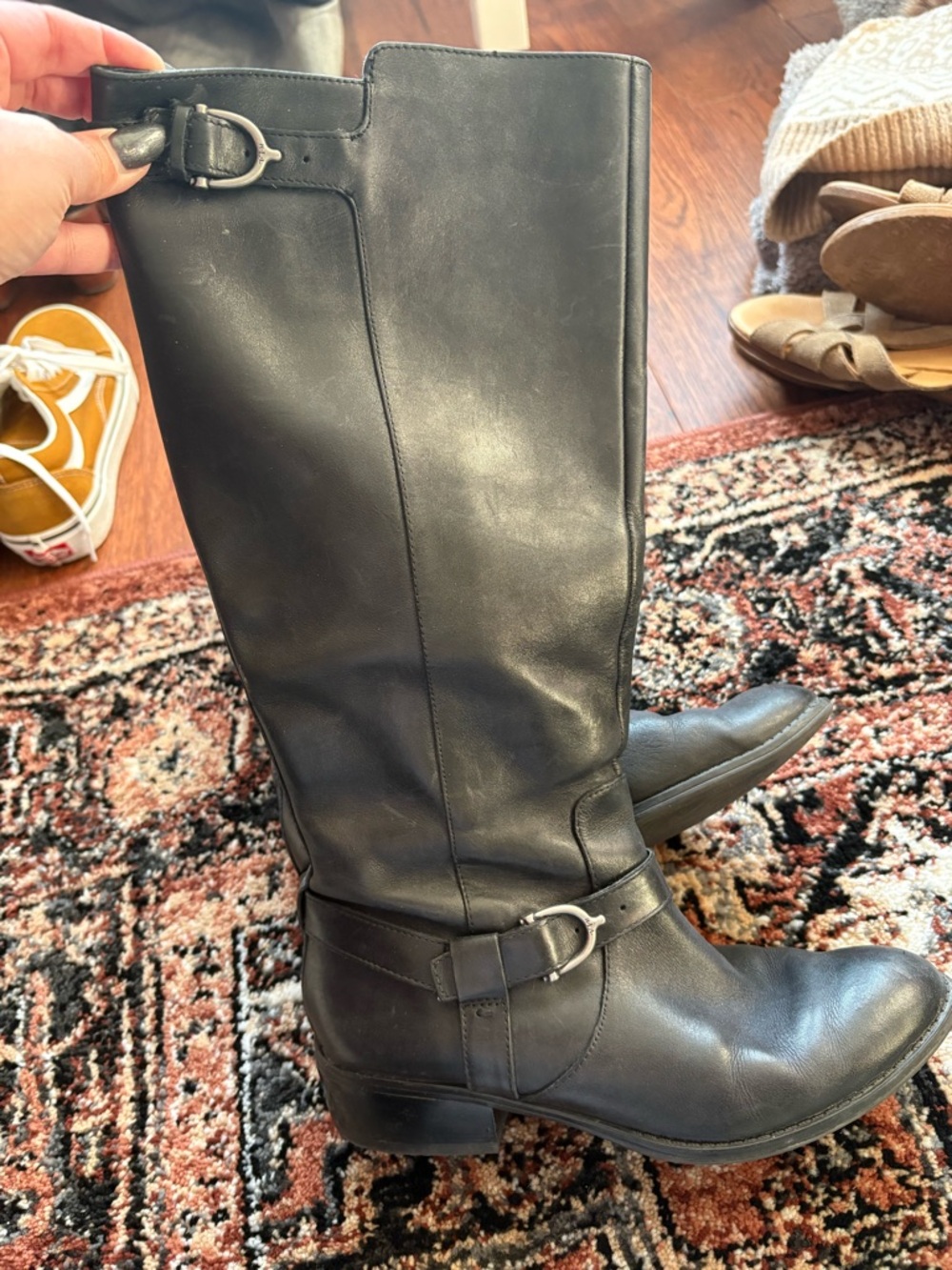 Ralph Lauren Margarite Black Leather Tall Riding Boots with Buckle Detail (Wide)